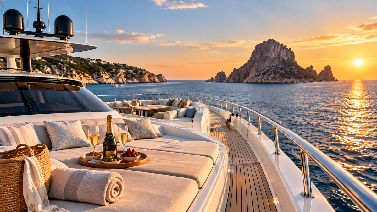 Yacht de luxe près d'Es Vedrà, prisé des acheteurs de villas à Ibiza - CW Real Estate Ibiza